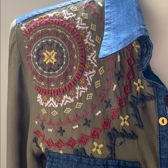 Desigual Embroidered Plaid & Denim Button Up Shirt - Picture 5 of 8